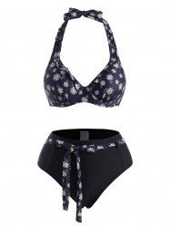 Maillot de Bain Bikini à Imprimé Marguerite Ceinturé à Volants - Noir XL