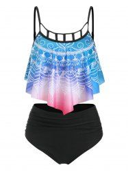 Ensemble de Tankini Découpé à Imprimé Feuille à Ourlet Pointu - Multi XXXL
