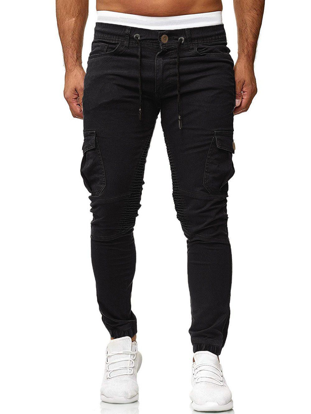 

Pleated Trim Drawstring Cargo Jogger Pants, Black