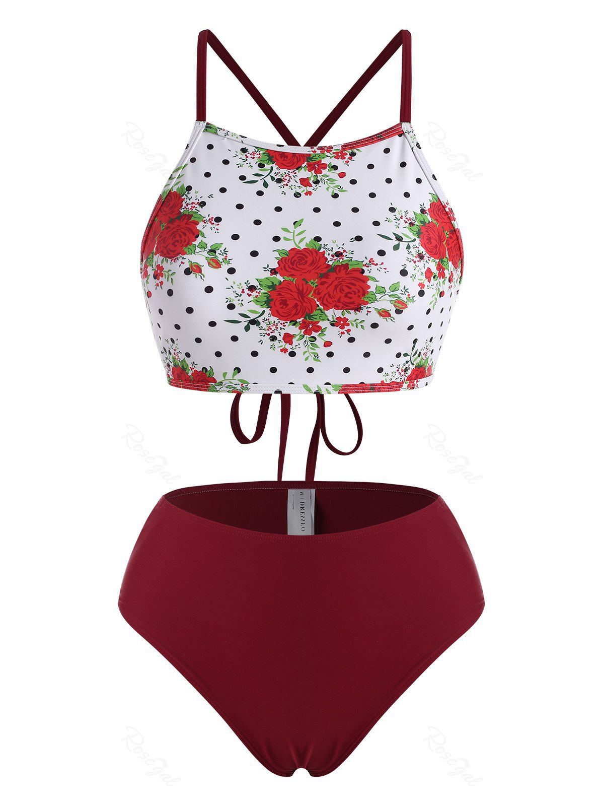 

Polka Dot Flower Cross High Rise Tankini Swimwear, Deep red