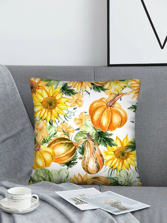 

Sunflower Pumpkin Pattern Linen Square Pillowcase, Sun yellow