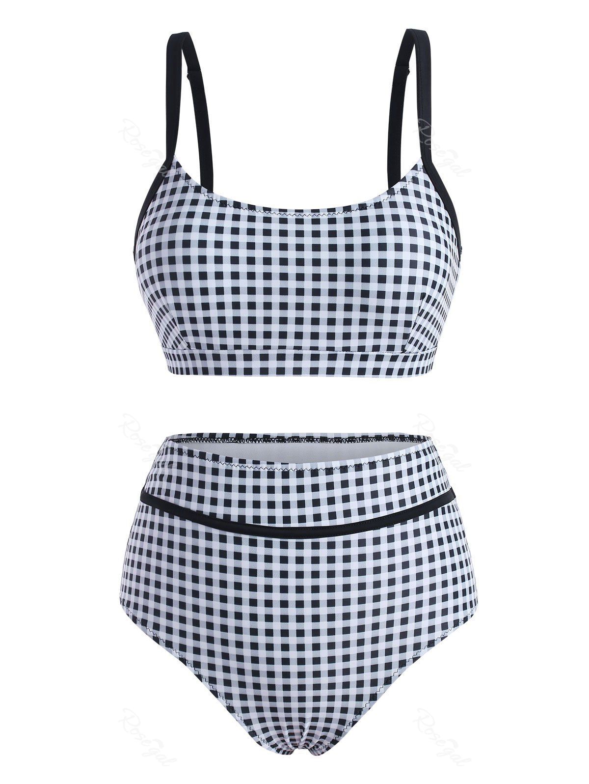 Maillot de Bain Bikini Bandeau à Taille Haute en Vichy Noir XL