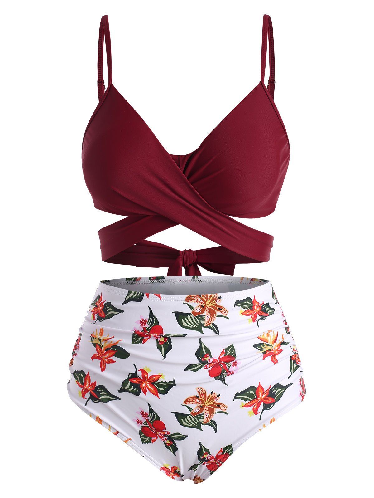 

Criss Cross Floral Printed Tummy Control Bikini Swimwear, Deep red