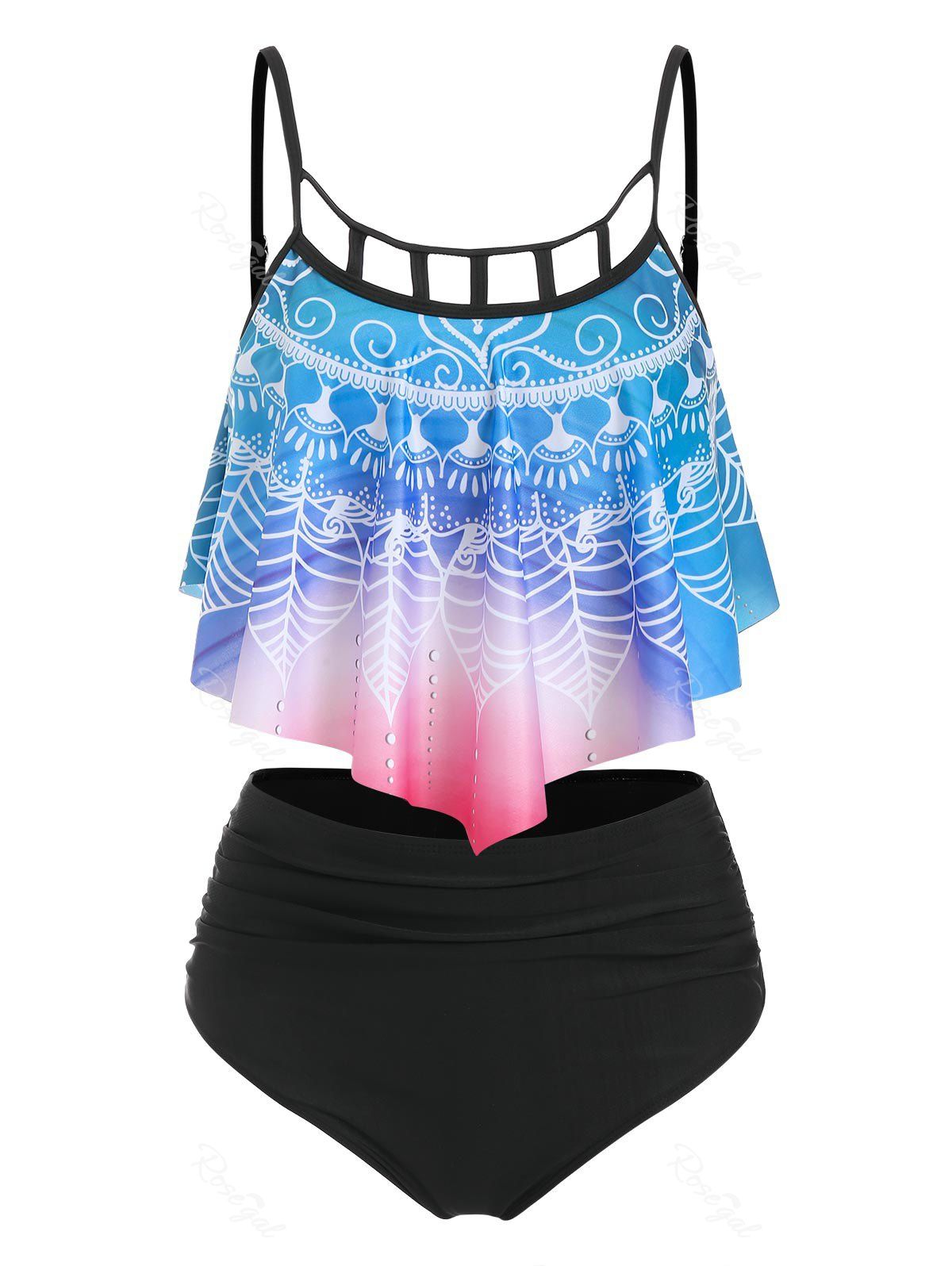Ensemble de Tankini Découpé à Imprimé Feuille à Ourlet Pointu Multi XXXL