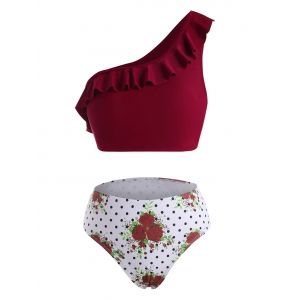 

One Shoulder Polka Dot Flower Ruffle Bikini Swimwear, Deep red