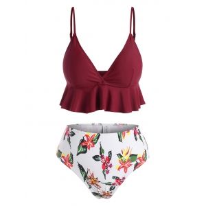 

Flounce Flower Print Surplice Bikini Swimwear, Deep red