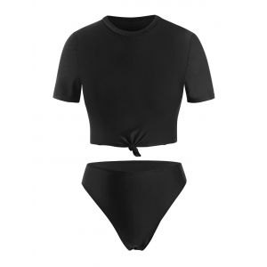 

Plus Size Knotted High Leg Two Piece Swimwear, Black