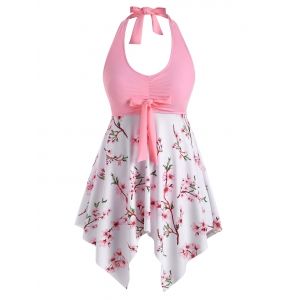 

Plus Size Peach Blossom Handkerchief Knot Backless Tankini Swimwear, Light pink