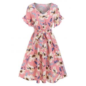 

Flower Print V Neck Belted Dress, Light pink