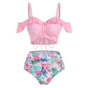 

Flamingo Leaf Print Ruffle Cinched Tummy Control Two Piece Swimwear, Light pink