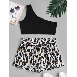 

Plus Size Solid One Shoulder Top and Leopard Paperbag Shorts Set, Multi