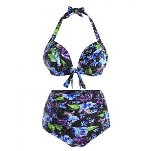 

Plus Size Flower Print Halter Tied Tummy Control Bikini Swimwear, Light blue