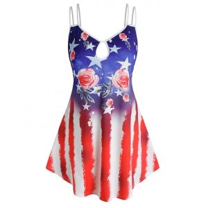 

Plus Size Flower American Flag Keyhole Backless Cami Top, Multi