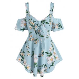 

Floral Print Cold Shoulder Bowknot Blouse, Light blue