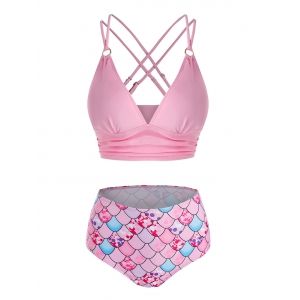 

Strappy Mermaid Print Ruched Padded Bikini Set, Light pink