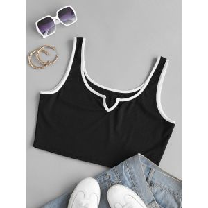 

V-notched Ribbed Contrast Piping Plus Size Crop Top, Black