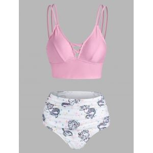 

Unicorn Mermaid Print Strappy Criss-cross Bikini Set, Light pink