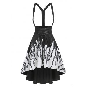 

Lace-up High Low Octopus Print Suspender Skirt, Black