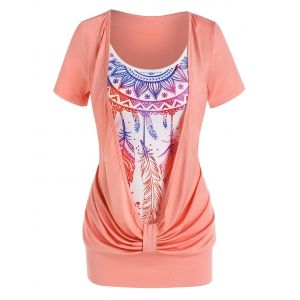 

Ruched Feather Print Faux Twinset T-shirt, Light pink