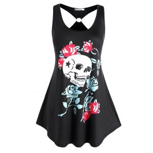 

Plus Size O Ring Skull Floral Print Tank Top, Black