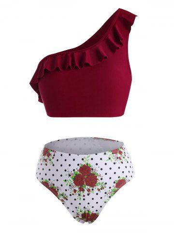 One Shoulder Polka Dot Flower Ruffle Bikini Swimwear - DEEP RED - L