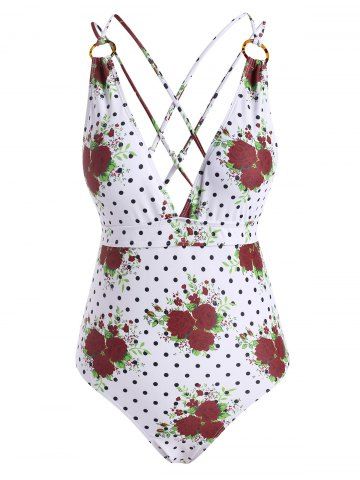 Flower Polka Dot Criss Cross O Ring Backless One-piece Swimsuit - DEEP RED - L