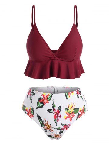 Fluje Flor Print Surplice Bikini Swimwear - DEEP RED - S