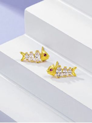 Fish Bone Shape Zircon Inlaid Stud Earrings