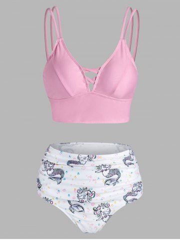 Unicorn Mermaid Print Strappy Criss-cross Bikini Set - LIGHT PINK - XXL