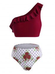 Maillot de Bain Bikini Fleur à Une Epaule à Pois à Volants - Rouge foncé M