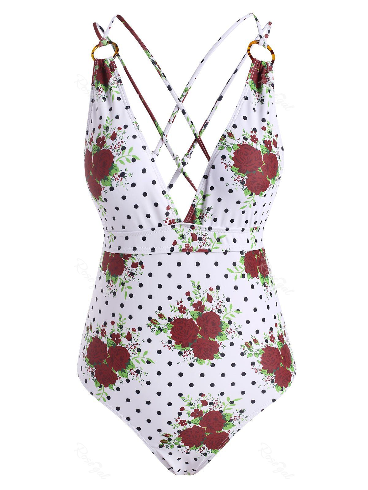 Latest Flower Polka Dot Criss Cross O Ring Backless One-piece Swimsuit  