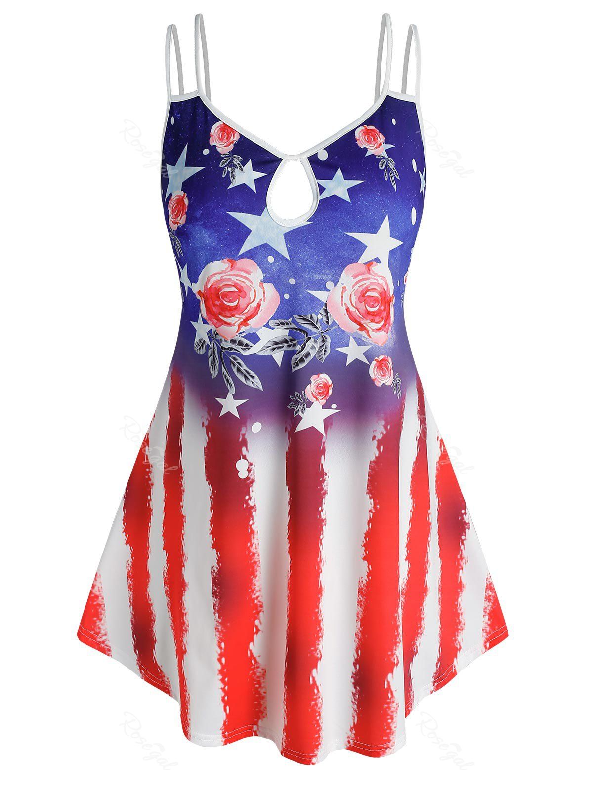 Cheap Plus Size Flower American Flag Keyhole Backless Cami Top  
