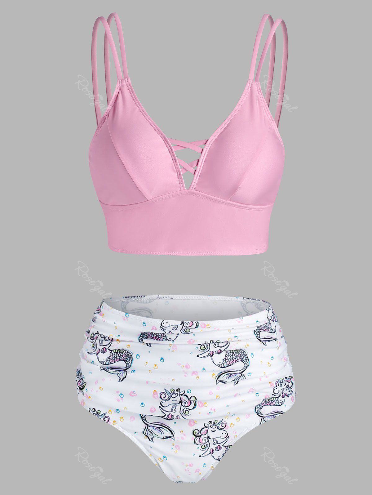 Ensemble de Bikini Sirène à Bretelle Croisé à Imprimé Licorne Rose clair L
