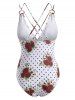 Flower Polka Dot Criss Cross O Ring Backless One-piece Swimsuit -  