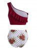 Maillot de Bain Bikini Fleur à Une Epaule à Pois à Volants - Rouge foncé M