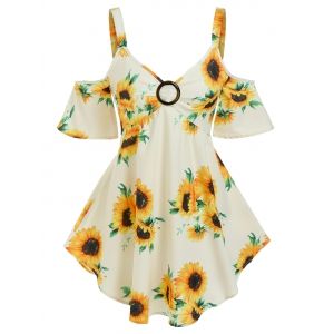 

Floral Print O Ring Cold Shoulder Blouse, Yellow