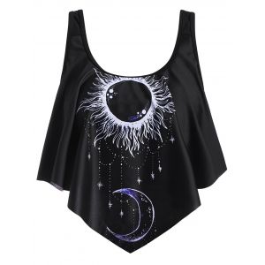 

Star Sun Moon Print Flounce Overlay Swim Top, Black