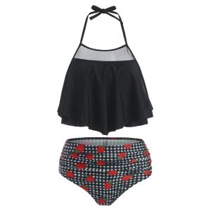 

Halter Mesh Panel Strawberry Print Gingham Tankini Swimwear, Black