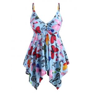 

Plus Size Butterfly Print Keyhole Handkerchief Tankini Swimwear, Multi