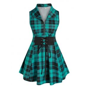 

Plus Size Plaid Lace-up Zip Sleeveless Tunic Blouse, Deep green