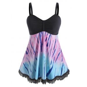 

Plus Size Tie Dye Guipure Lace Skirted Tankini Swimwear, Light pink