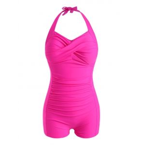 

Plus Size Halter Twisted Boyleg Tummy Control One-piece Swimsuit, Light pink