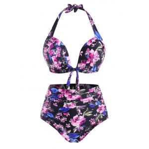 

Plus Size Flower Print Halter Tied Tummy Control Bikini Swimwear, Light pink