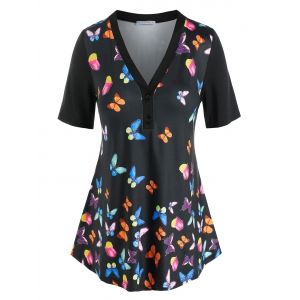 

Plus Size Butterfly Print V Neck Tee, Black