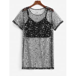 

Plus Size Metallic Glitter Moon Star Sheer Mesh Top Set, Black