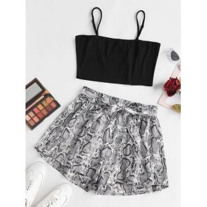 

Plus Size Solid Cropped Top and Snake Print Paperbag Shorts Set, Multi