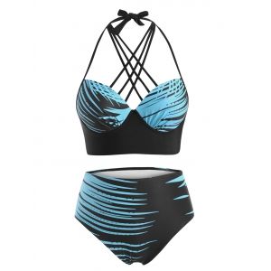 

Plus Size Halter Lattice Abstract Print Push Up Bikini Swimwear, Light blue