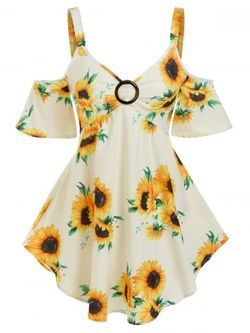 Floral Print O Ring Cold Shoulder Blouse - YELLOW - M