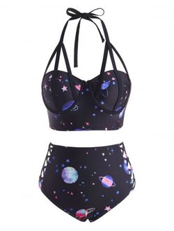 Halter Planet Print Lattice Strappy Underwire Bikini Swimwear - BLACK - L