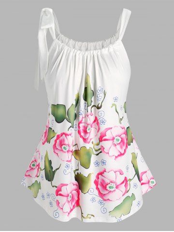Plus Size Floral Print Tie Shoulder Tank Top